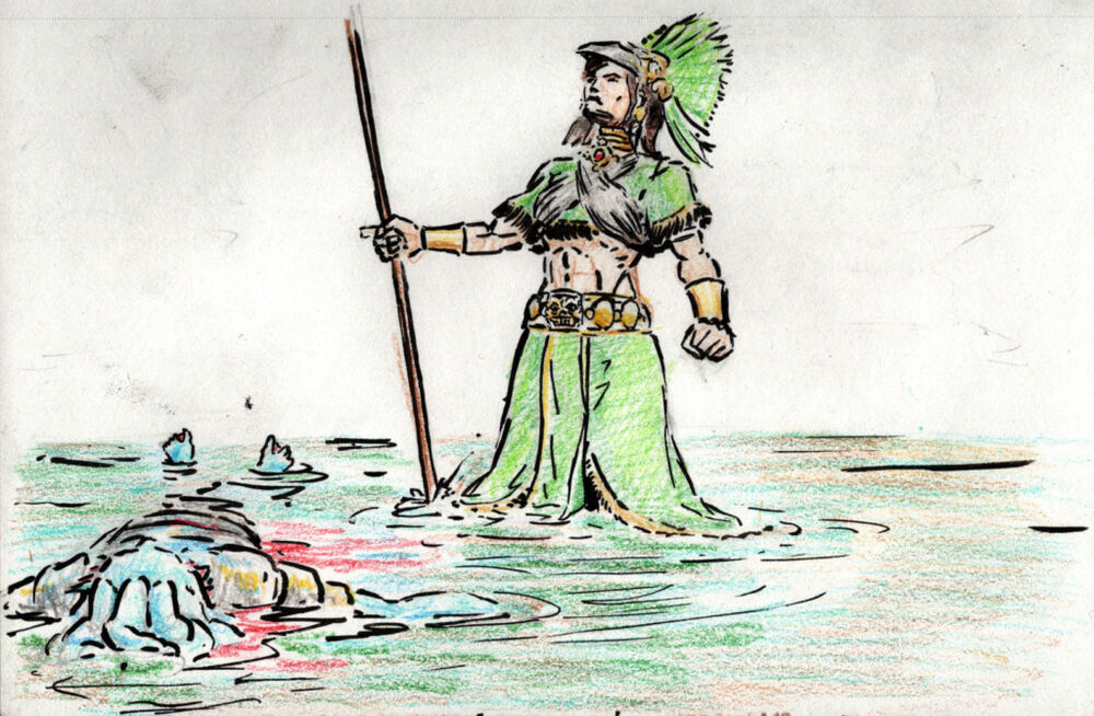 Croquis de la conclusion du duel entre Corus et Ixi’Ualpa par Gromdal